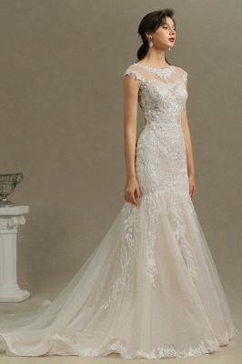 Cap Sleeves White Floral Lace Mermaid Wedding Dress Scoop Neck Bridal Dress for Girls/Women_5