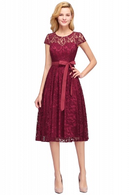 Burgundy Lace Short Sleeves A-line Dresses with Bow_2