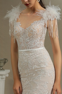 Stunning Tessels Sweetheart Mermaid Bridal Dress Backless Fur Lace Wedding Dress_4