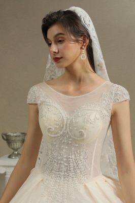Elegante vestido de novia Aline con mangas casquillo Vestido de novia con apliques de encaje de tul_3