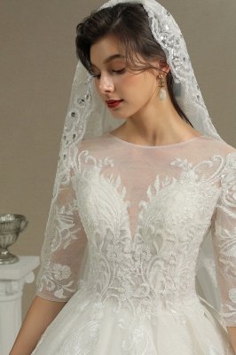 3/4 Sleeve White/Ivory Aline Wedding Dress Floral Lace Garden Bridal Gown_8