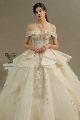 Superbe robe de mariée en dentelle de tulle de jardin fleurie à épaules dénudées pour la mariée_3