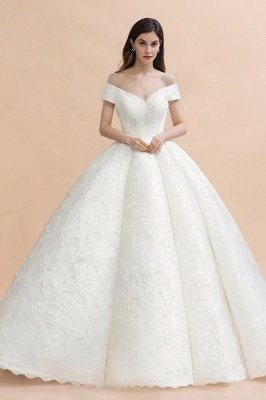 Charming Off-the-Shoulder Appliques Ball Gown Backless Sweep Train_1