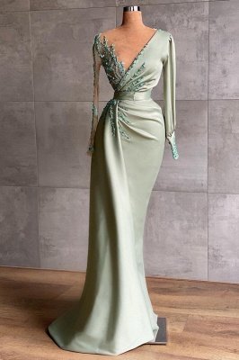 Robe de soirée sirène élégante à manches longues en satin Robe maxi à appliques florales 3D pour femme_1