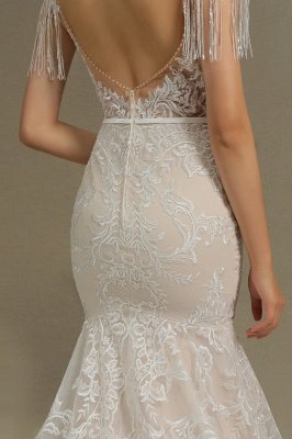 Stunning Tessels Sweetheart Mermaid Bridal Dress Backless Fur Lace Wedding Dress_8