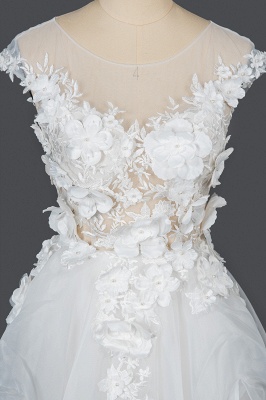 Ärmelloses Aline-Brautkleid mit 3D-Blumenmuster Weiße Perlenbesatz-Rundhalsausschnitt-Hochzeitskleid_7