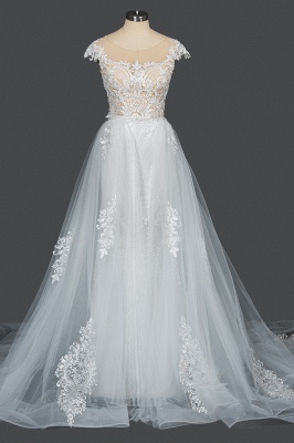 Charming Cap Sleeve Mermaid Wedding Dress White Tulle Lace Appliques with Detachable Sweep Train_13