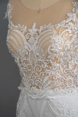 Charmantes Meerjungfrau-Hochzeitskleid mit Flügelärmeln, weißer Tüll, Spitzenapplikationen mit abnehmbarem Sweep-Zug_7