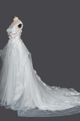 Ärmelloses Aline-Brautkleid mit 3D-Blumenmuster Weiße Perlenbesatz-Rundhalsausschnitt-Hochzeitskleid_3