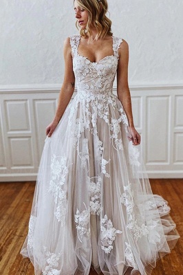 Charming Sleeveless 3D Floral Lace Aline Wedding Dress Sweetheart Simple Bridal Gown_1