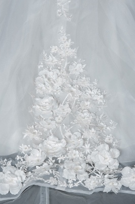 Ärmelloses Aline-Brautkleid mit 3D-Blumenmuster Weiße Perlenbesatz-Rundhalsausschnitt-Hochzeitskleid_4