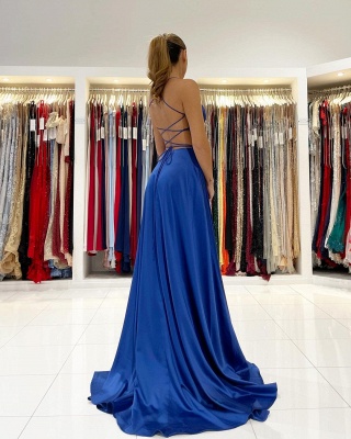 Sexy Satin Long Evening Dress Side Slit V-Neck Sleeveless Formal Dress_2