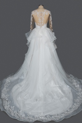 Vestido de novia Aline de encaje floral de manga larga Vestido de novia de capas hinchadas con tren de barrido_15