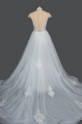 Charming Cap Sleeve Mermaid Wedding Dress White Tulle Lace Appliques with Detachable Sweep Train_2