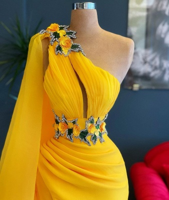 One Shoulder Yellow Floral Appliques Beads Mermaid Evening Gown with Cape_2