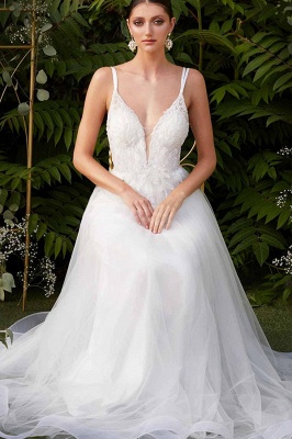 Elegant Spaghetti Straps V-Neck Tulle A-line Wedding Dress_2