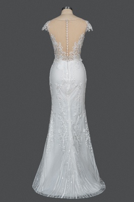 Charming Cap Sleeve Mermaid Wedding Dress White Tulle Lace Appliques with Detachable Sweep Train_5