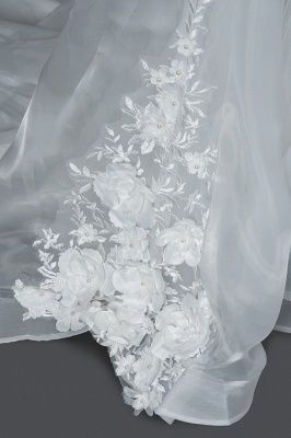 Ärmelloses Aline-Brautkleid mit 3D-Blumenmuster Weiße Perlenbesatz-Rundhalsausschnitt-Hochzeitskleid_5