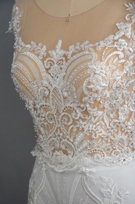 Encantador vestido de novia de sirena con manga casquillo, apliques de encaje de tul blanco con tren de barrido desmontable_7