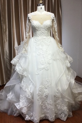 Long Sleeves Floral Lace Aline Wedding Dress Puffy Layers Bridal Dress with Sweep train_1