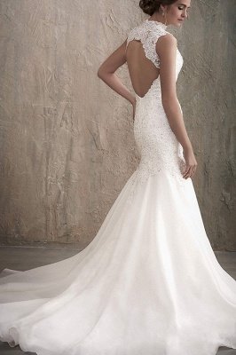 Sleeveless White Floral Lace Tulle Mermaid Wedding Dress Crew Neck  Bridal Gown_2