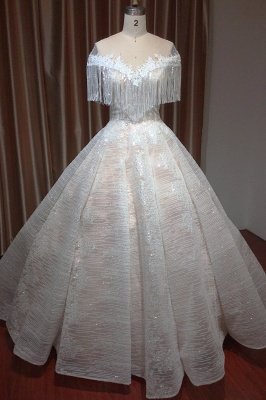 Romantic Tassels Off Shoulder Glitter Sequins Wedding Gown Garden Bridal Dress for Bride_1