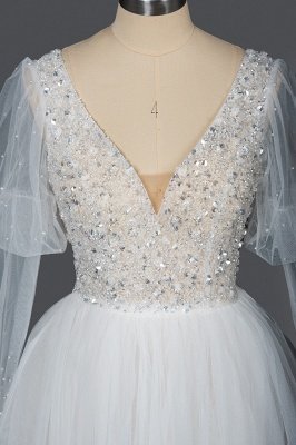 Wunderschönes V-Ausschnitt Shinny Pailletten Aline Brautkleid Sheer Sleeves Spring Bridal Gown_7