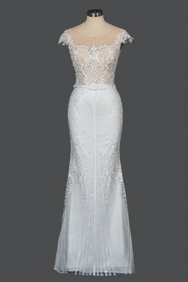 Charming Cap Sleeve Mermaid Wedding Dress White Tulle Lace Appliques with Detachable Sweep Train_12
