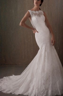 Élégante robe de mariée en dentelle blanche sans manches robe de mariée sirène à encolure dégagée_1