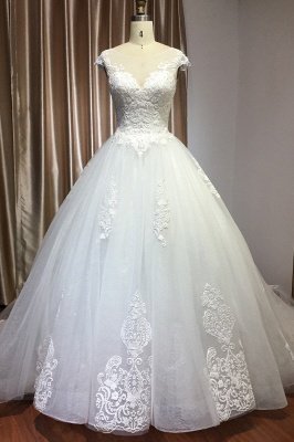 Vestido de novia con apliques de encaje de tul y escote en V con mangas casquillo Aline_1