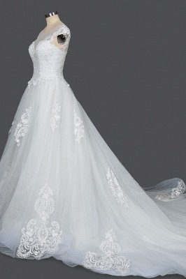 Cap Sleeves V-neck Tulle Lace Appliques Wedding Dress Aline_3