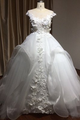 3D Floral Sleeveless Aline Bridal Dress White Beadings Crew Neck Wedding Dress_1