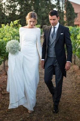 Bateau Long Sleeves White Simple Wedding Reception Dress_1