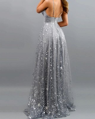 Sparkly V-Neck Aline Prom Dress Sleeveless Long Evening Dress with Side Slit_4
