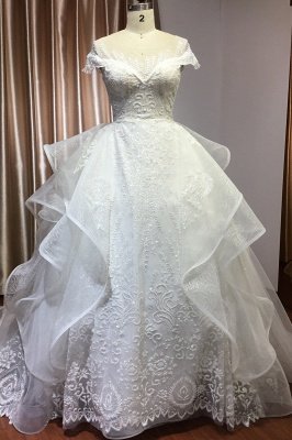 Off-the-Shoulder Beadings Ball Gown Glitter Long Wedding Dress Lace-up Design_1