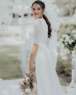 Elegant White Long Sleeves Aline Wedding Dress Simple Garden Bridal Dress for Bride_4