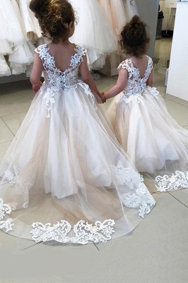 Tüll Spitzenapplikationen Blumenmädchenkleid Ärmelloses Kleid für kleine Mädchen für Hochzeitskleidung_5