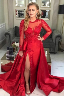 Elegant Red Long Sleeve Lace Appliques Evening Dress Side Slit Party Dress_1