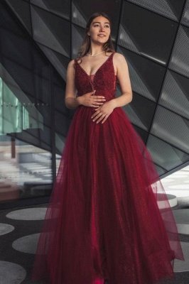 Stylish Burgundy Sleeves Aline Shinny Sequins Tulle Evening Party Gown_1
