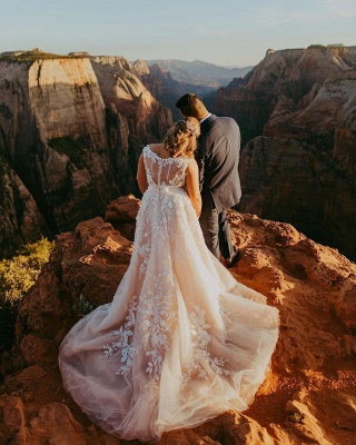 Élégante robe de mariée en tulle en dentelle à col en V Robe de soirée sans manches_5