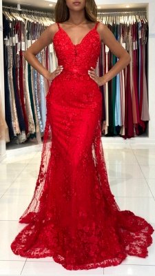 Stunning Sweetheart Red Lace Appliques Mermaid Evening Gown_2