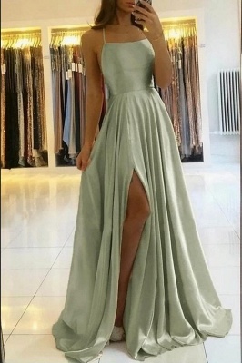 Charming Spaghetti Straps Satin Maxi Evening Dress with Side Slit  Sleeveless Gown_5