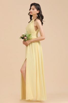 Elegant Daffodil Halter Pleated Chiffon Bridesmaid Dress Side Slit Long Evening Dress_2