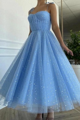 Jolie robe décontractée à bretelles spaghetti bleu ciel Robe formelle à paillettes mignonnes_1
