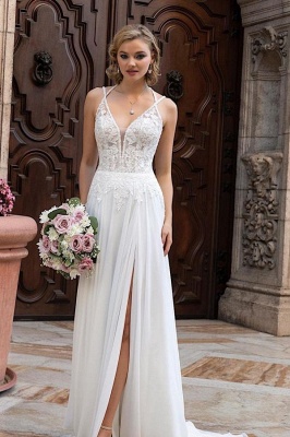 Simple Chiffon Wedding Dresses Spaghetti Straps  Lace Appliques Bridal Dress_1