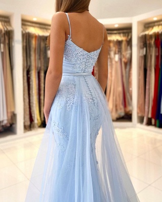 Sky Blue Spaghetti Straps Lace Mermaid Evening Dress with Tulle Detachable Train_2