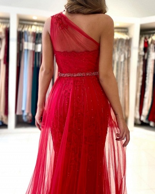 Stylish One Shoulder Tulle Evening Gown with Side Slit_3