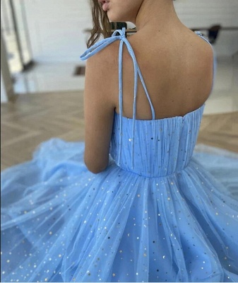 Hübsches himmelblaues Spaghetti-Trägern Freizeitkleid Niedliches Pailletten-Formelles Kleid_2