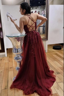 Sexy Burgundy Spaghetti Straps Tulle Evening Dress Lace Appliques_2
