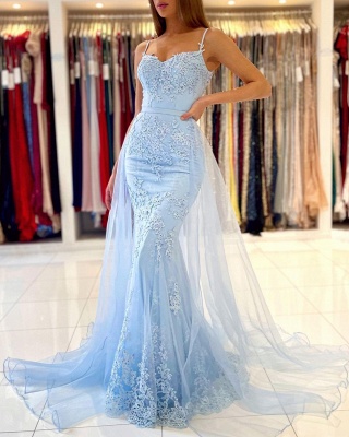 Sky Blue Spaghetti Straps Lace Mermaid Evening Dress with Tulle Detachable Train_5